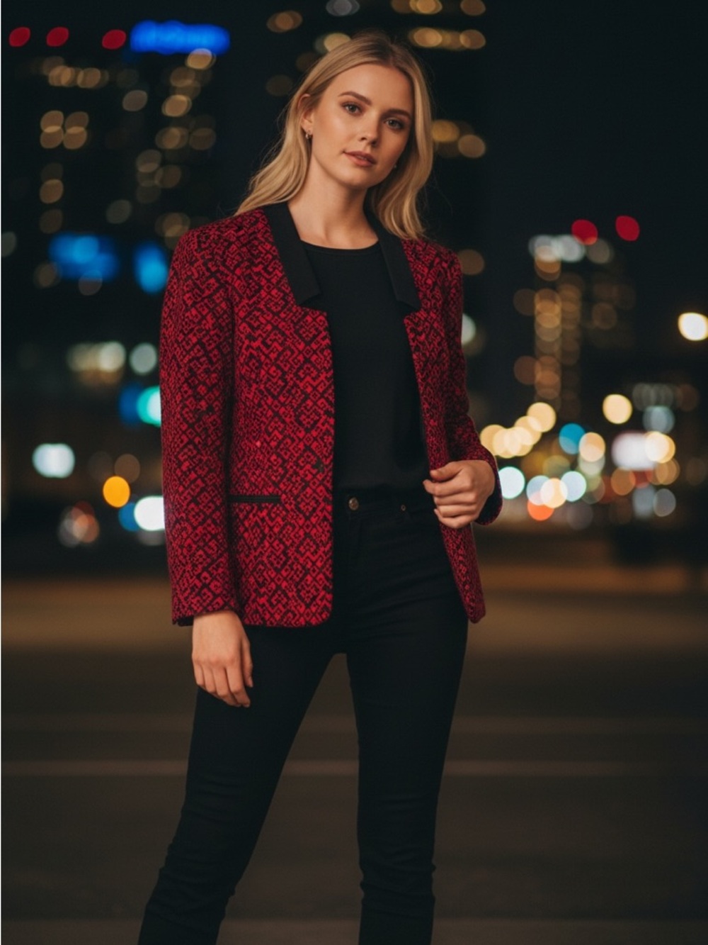 Kasper Women’s Black and Red Patterned Blazer with Black Notch Collar